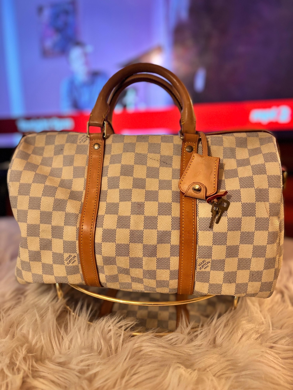 Louis Vuitton Checkered Duffel Bag in Cream and Tan